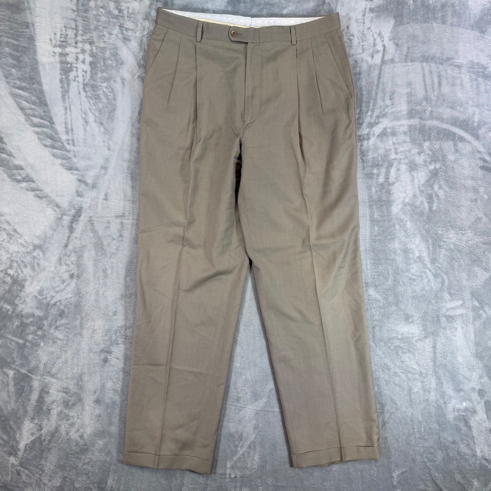 Zanella Bennett Pleated Dress Pants Mens Size 36x32 Taupe Wool Made in Italy